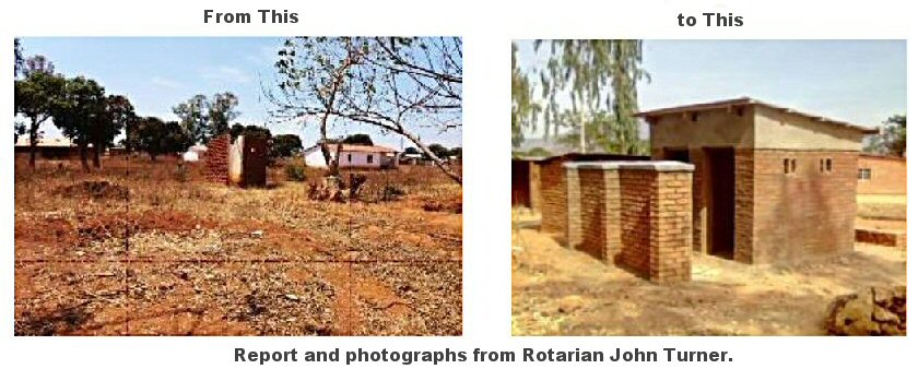 Photograph: Before and after photographs. The before photo shows an empty space. The after photograph shows a newly built tolilet block with two doors.